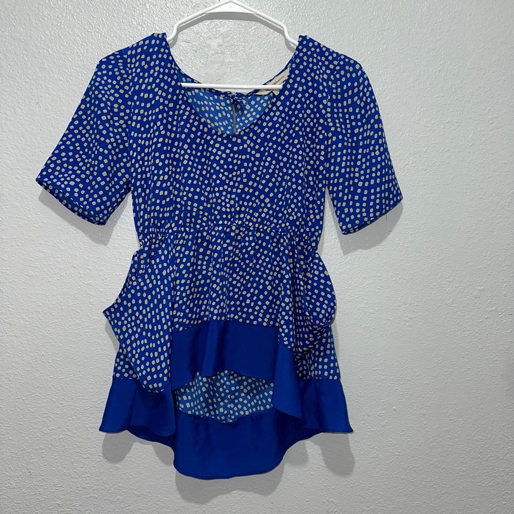 Women's BCBGeneration Blue Yellow Polka Dot Peplum Blouse XS Pockets Zip Up - Picture 9 of 13